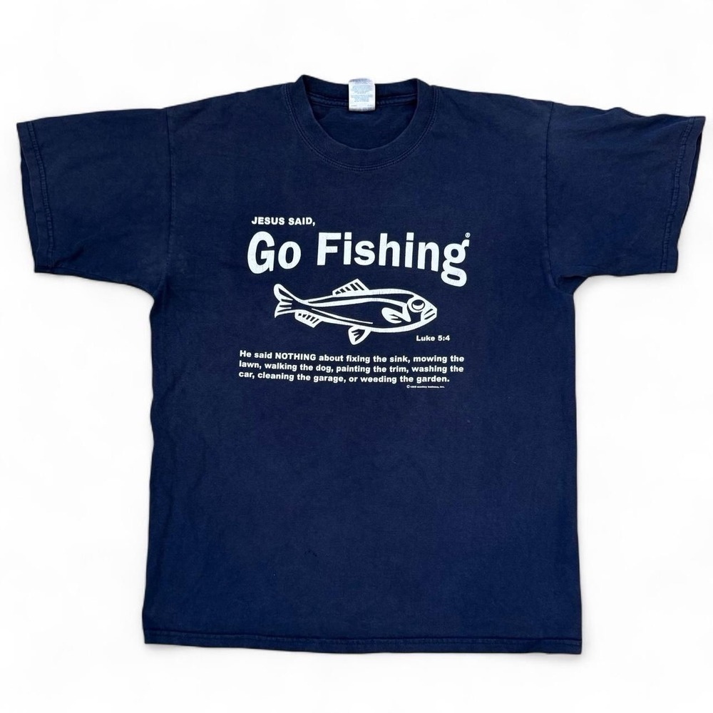 Vintage Jesus Said Go Fishing Funny Humor Dadcore Tee Men's Size Large 90s VTG
